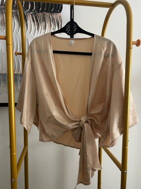 Amazon Beige Tie-Front Satin Blouse